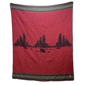Wooded River Throw Blanket Wool Blend USA Red Black Bear Scene 72" X 60"